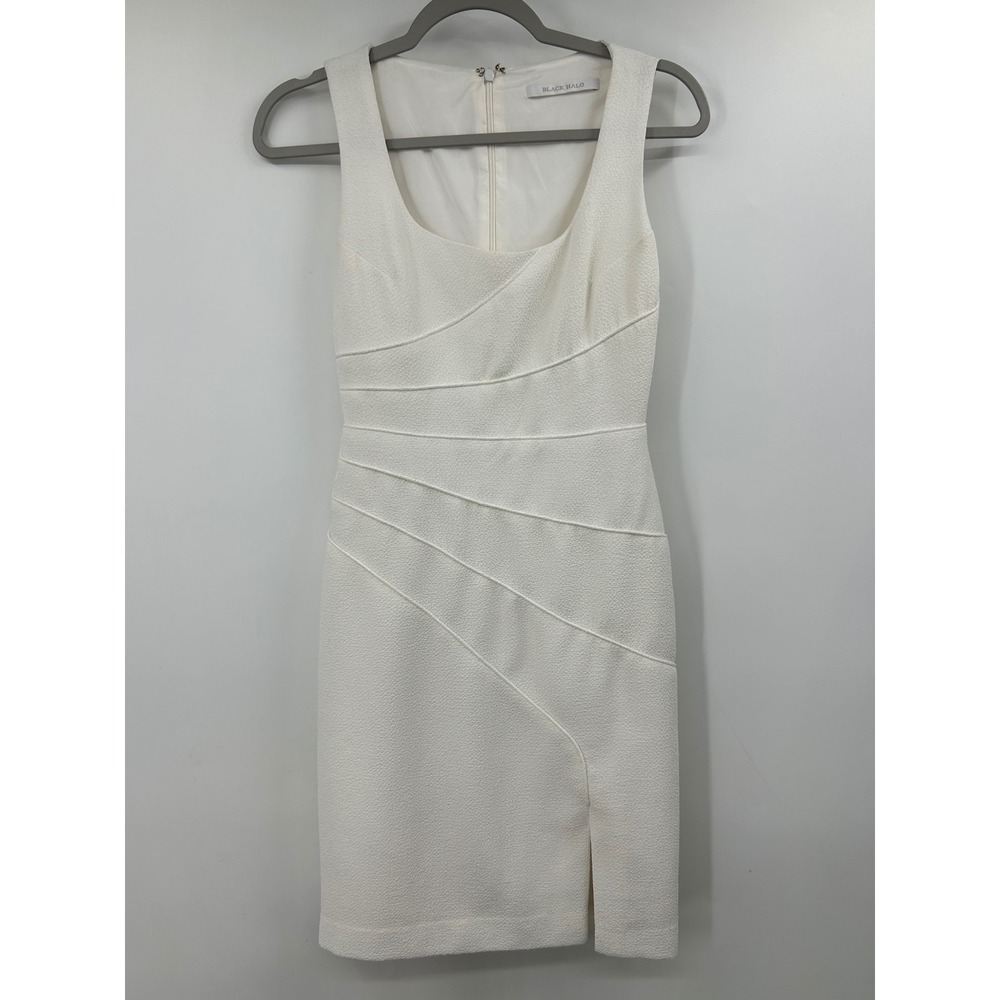 Black Halo Sheath Dress Womens White Excellent Textured Sleeveless Slit Size 2